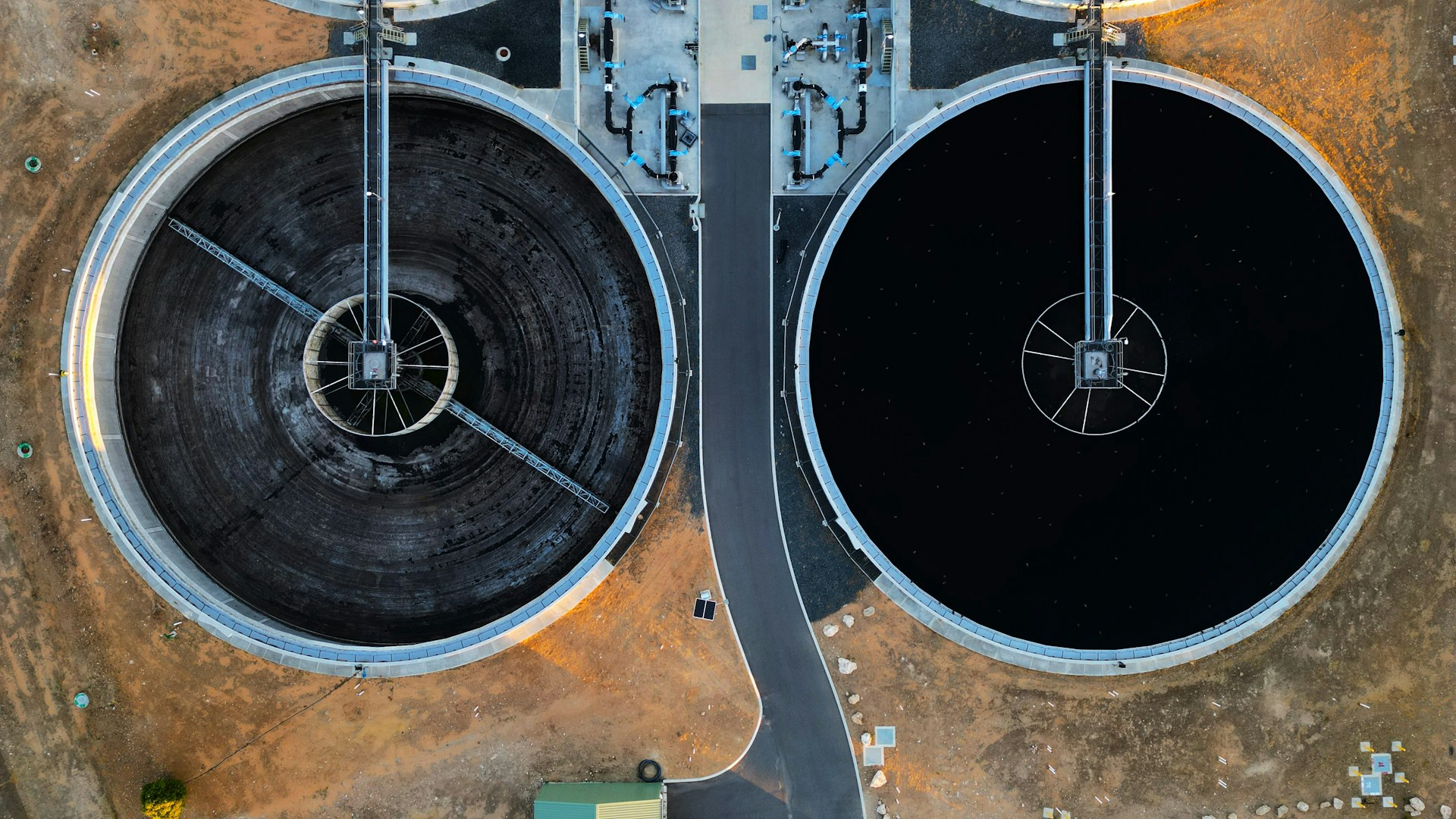 Overhead shot of wastewater treatment plant.